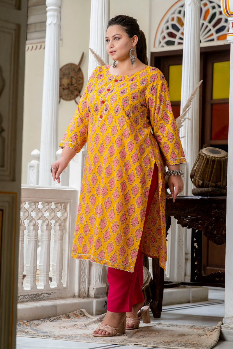 Cotton Printed Yellow Calf-Length Kurti with Three Quarter Sleeves (Plus Size)