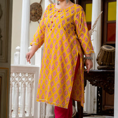 Cotton Printed Yellow Calf-Length Kurti with Three Quarter Sleeves (Plus Size)