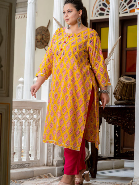 Cotton Printed Yellow Calf-Length Kurti with Three Quarter Sleeves (Plus Size)