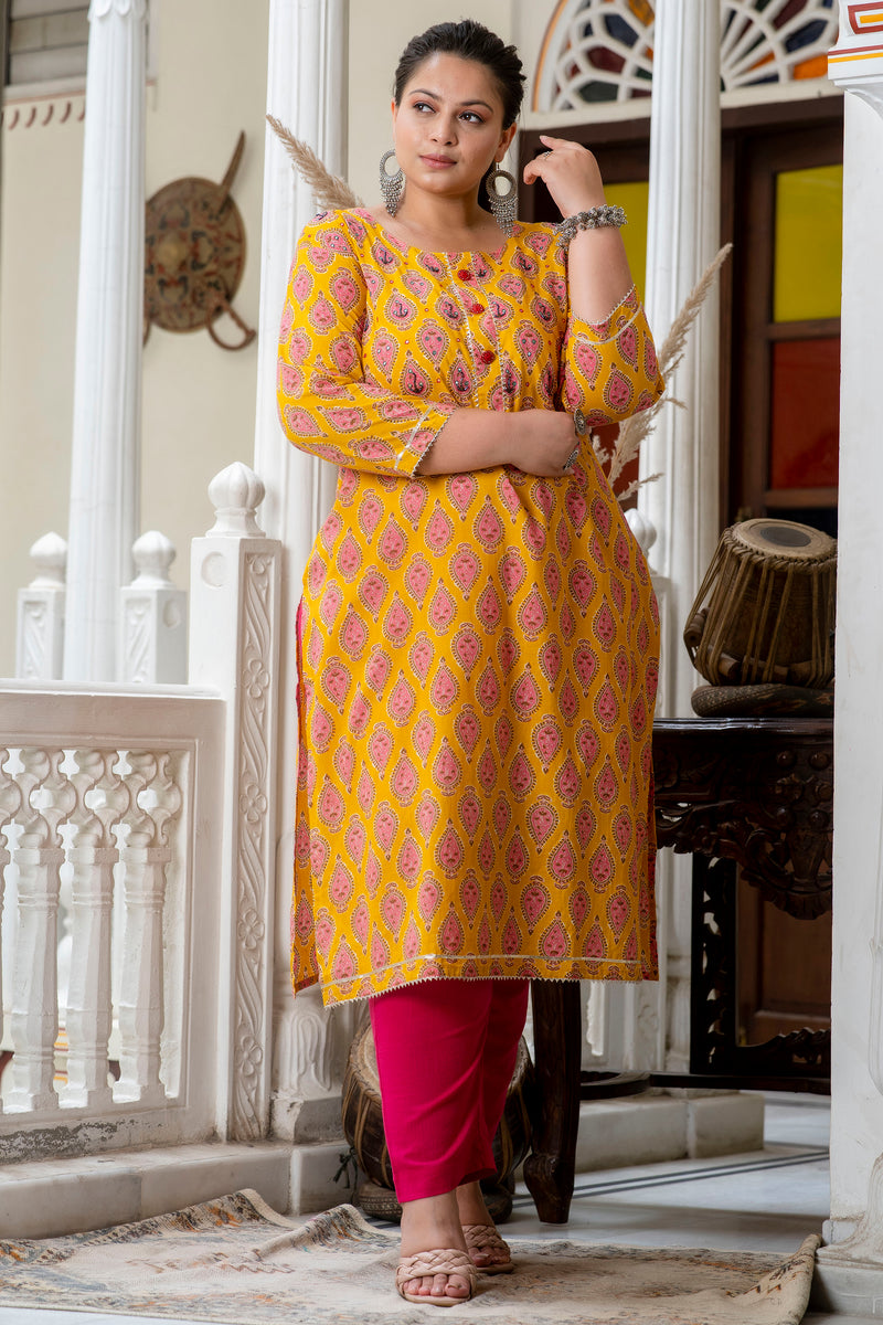 Cotton Printed Yellow Calf-Length Kurti with Three Quarter Sleeves (Plus Size)