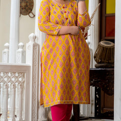 Cotton Printed Yellow Calf-Length Kurti with Three Quarter Sleeves (Plus Size)