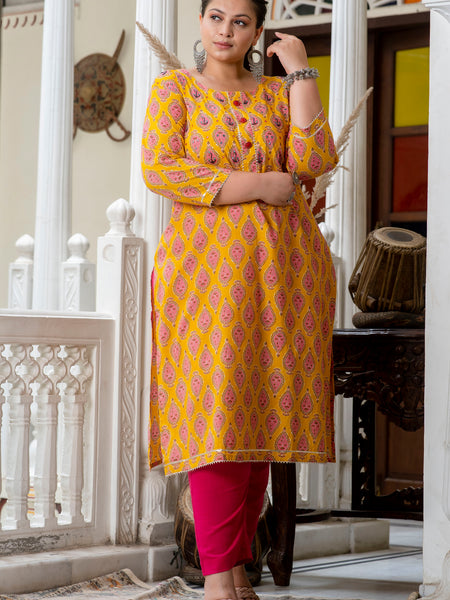 Cotton Printed Yellow Calf-Length Kurti with Three Quarter Sleeves (Plus Size)