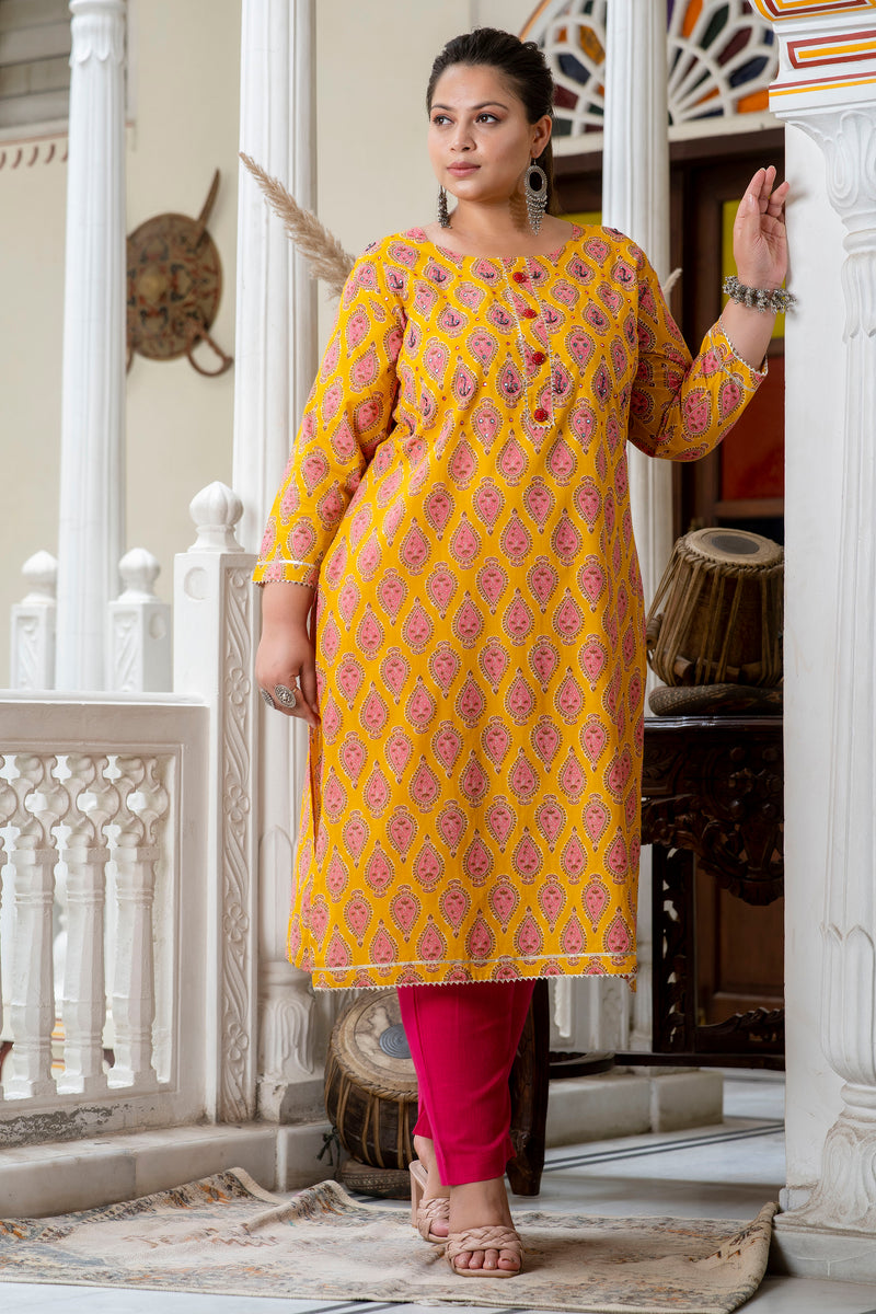 Cotton Printed Yellow Calf-Length Kurti with Three Quarter Sleeves (Plus Size)