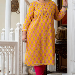 Cotton Printed Yellow Calf-Length Kurti with Three Quarter Sleeves (Plus Size)