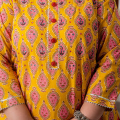 Cotton Printed Yellow Calf-Length Kurti with Three Quarter Sleeves (Plus Size)
