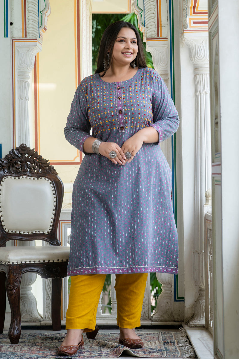 Cotton Printed Gray Calf-Length Kurti with Three Quarter Sleeves (Plus Size)