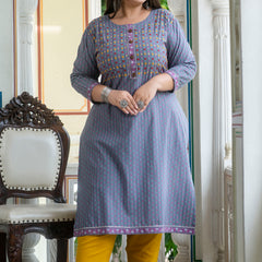 Cotton Printed Gray Calf-Length Kurti with Three Quarter Sleeves (Plus Size)