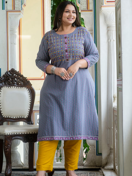 Cotton Printed Gray Calf-Length Kurti with Three Quarter Sleeves (Plus Size)