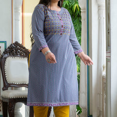 Cotton Printed Gray Calf-Length Kurti with Three Quarter Sleeves (Plus Size)