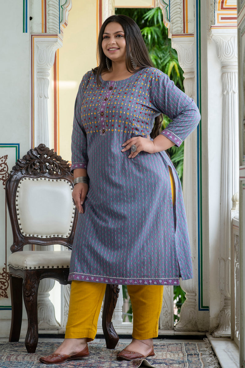 Cotton Printed Gray Calf-Length Kurti with Three Quarter Sleeves (Plus Size)