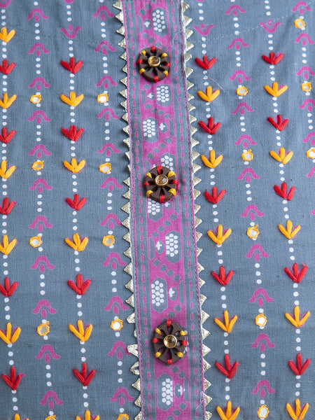 Cotton Printed Gray Calf-Length Kurti with Three Quarter Sleeves (Plus Size)