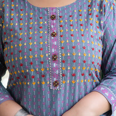 Cotton Printed Gray Calf-Length Kurti with Three Quarter Sleeves (Plus Size)