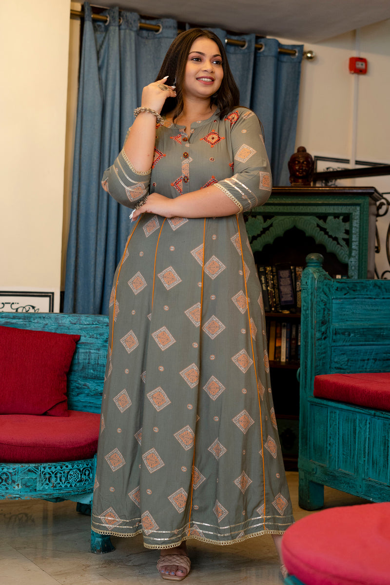 Grey Rayon Printed Anarkali Kurti (Plus Size)