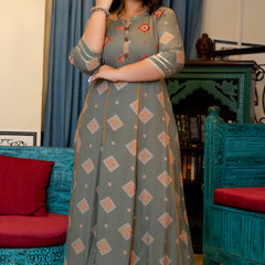 Grey Rayon Printed Anarkali Kurti (Plus Size)