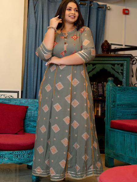 Grey Rayon Printed Anarkali Kurti (Plus Size)