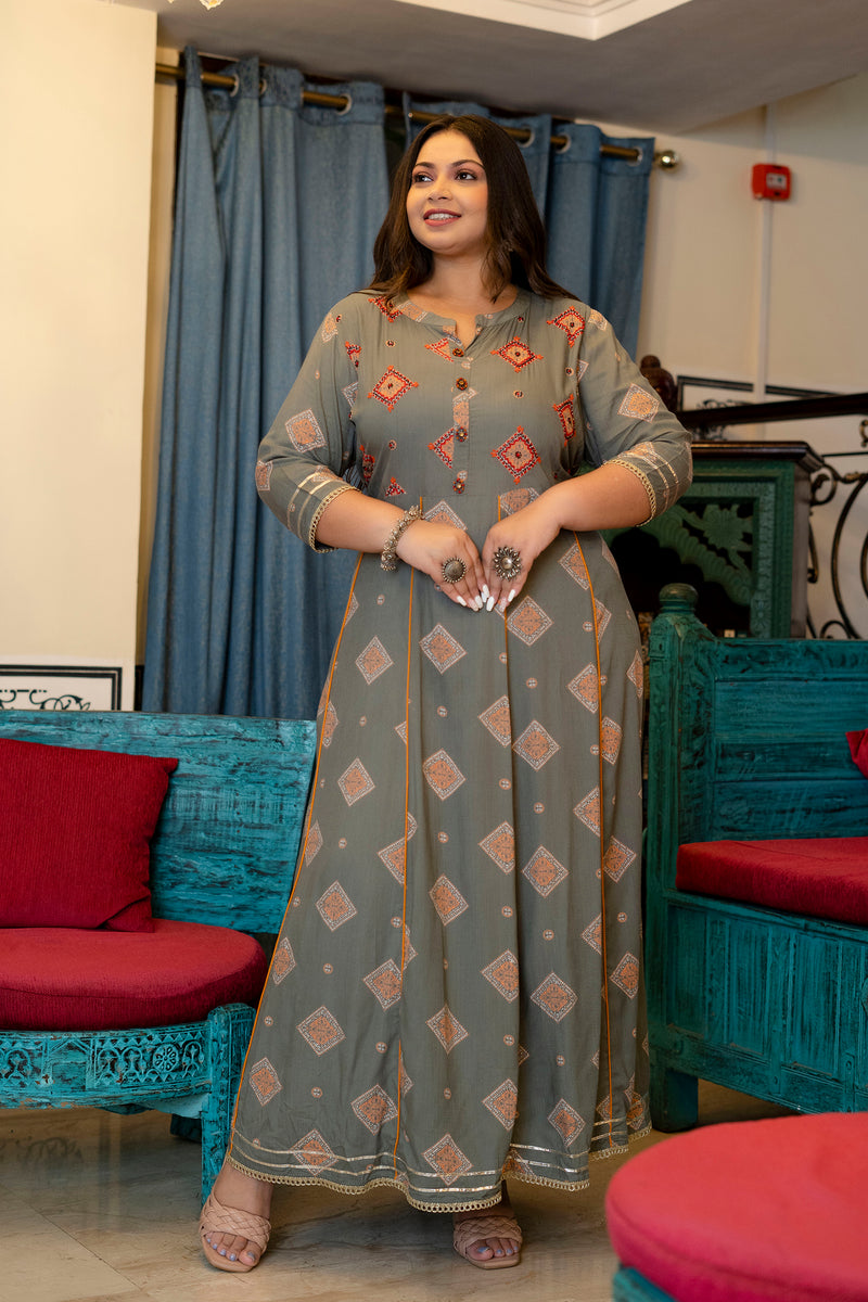 Grey Rayon Printed Anarkali Kurti (Plus Size)