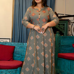 Grey Rayon Printed Anarkali Kurti (Plus Size)