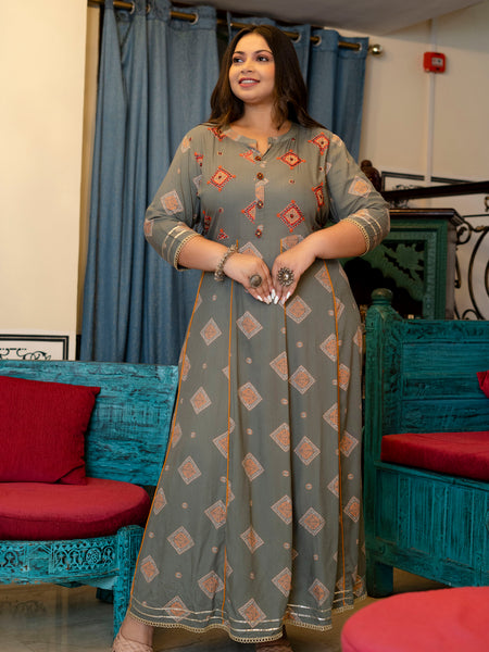 Grey Rayon Printed Anarkali Kurti (Plus Size)