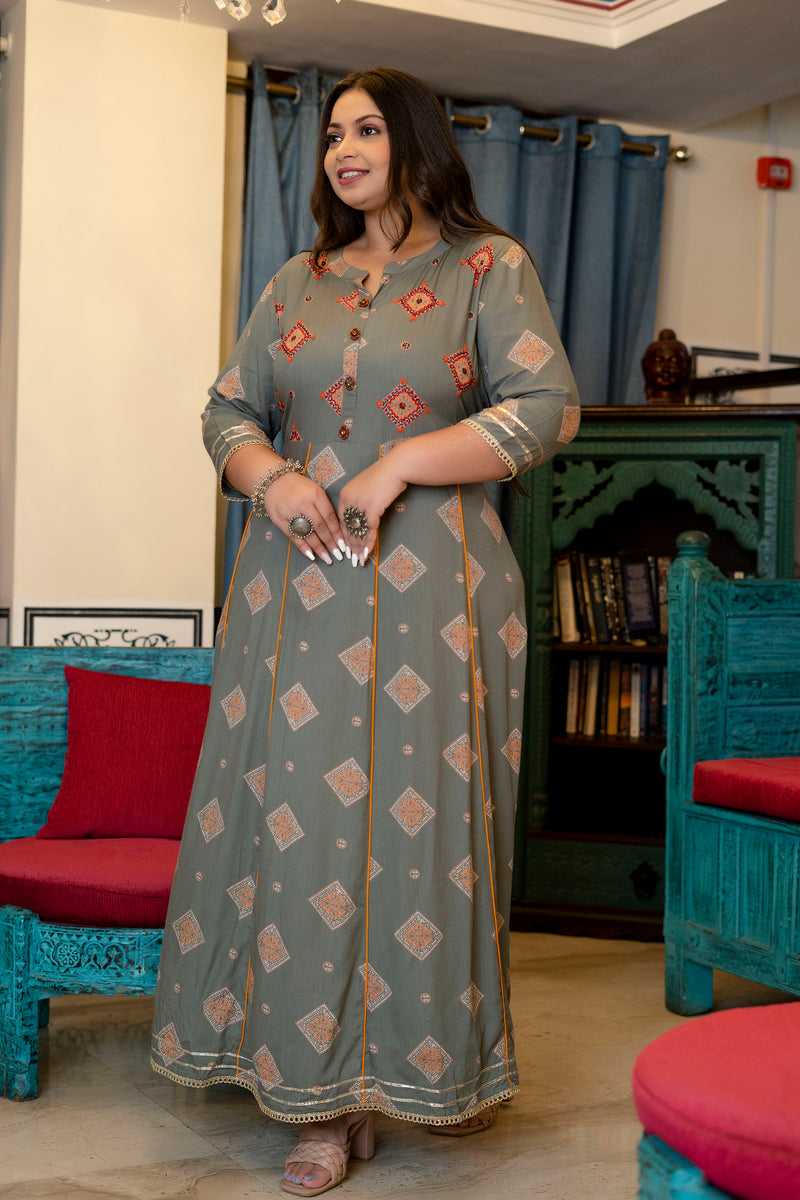 Grey Rayon Printed Anarkali Kurti (Plus Size)