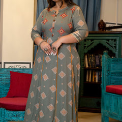 Grey Rayon Printed Anarkali Kurti (Plus Size)