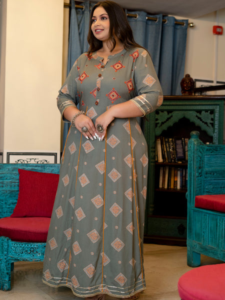 Grey Rayon Printed Anarkali Kurti (Plus Size)