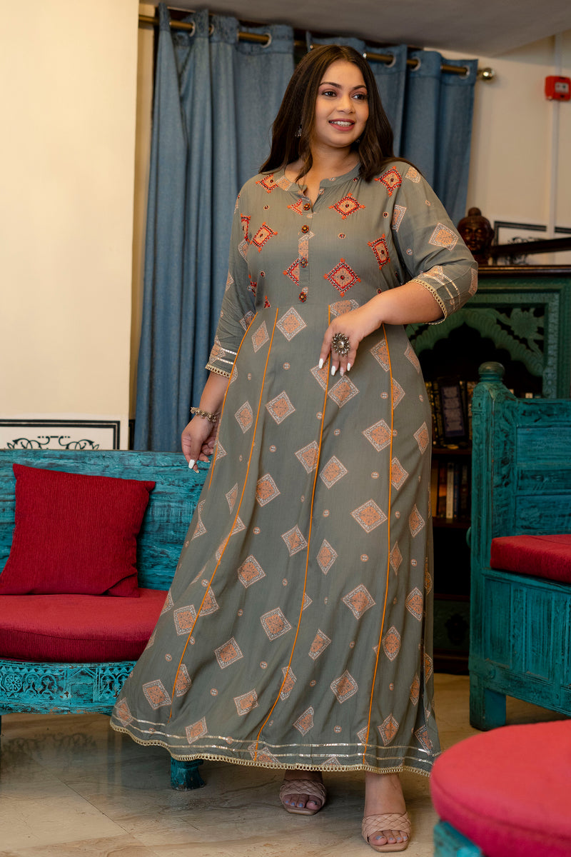 Grey Rayon Printed Anarkali Kurti (Plus Size)