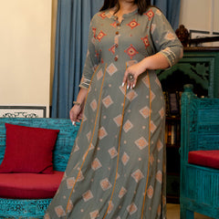 Grey Rayon Printed Anarkali Kurti (Plus Size)