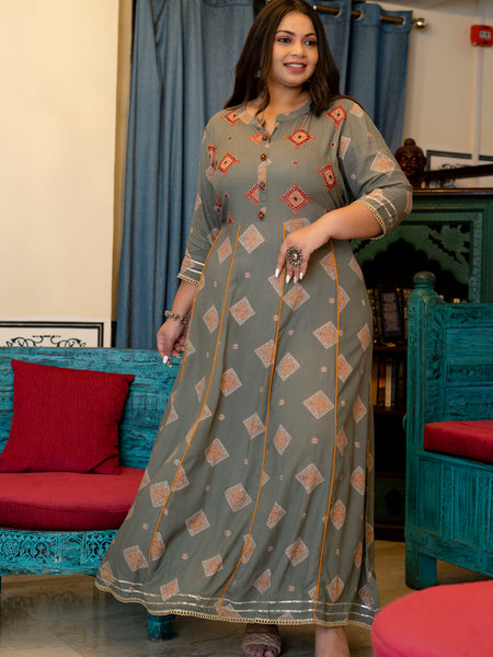 Grey Rayon Printed Anarkali Kurti (Plus Size)