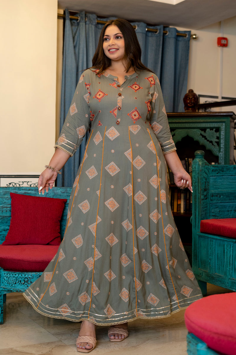 Grey Rayon Printed Anarkali Kurti (Plus Size)