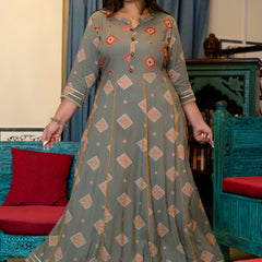 Grey Rayon Printed Anarkali Kurti (Plus Size)