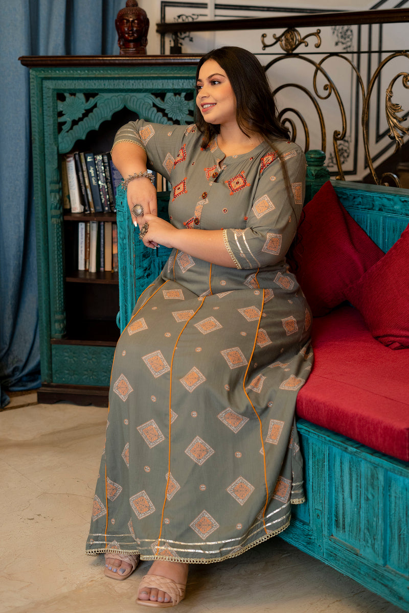 Grey Rayon Printed Anarkali Kurti (Plus Size)