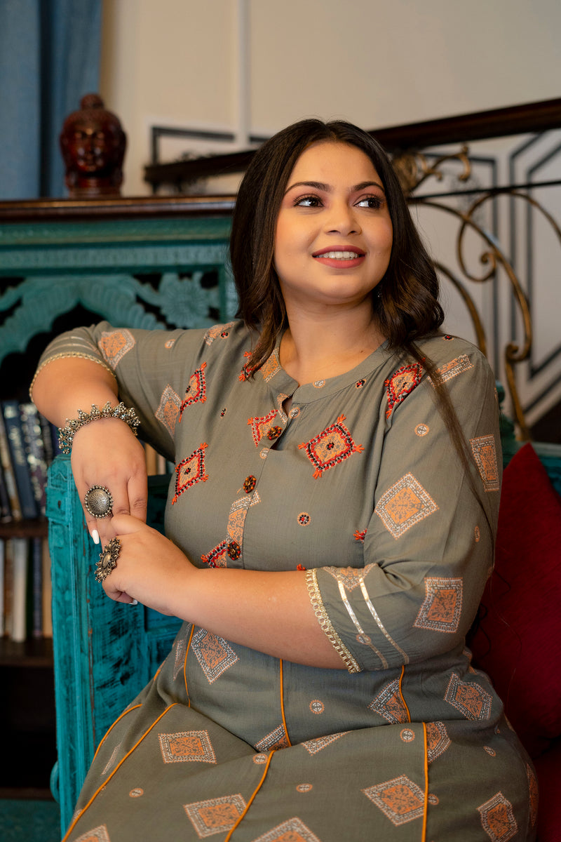 Grey Rayon Printed Anarkali Kurti (Plus Size)