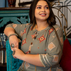 Grey Rayon Printed Anarkali Kurti (Plus Size)