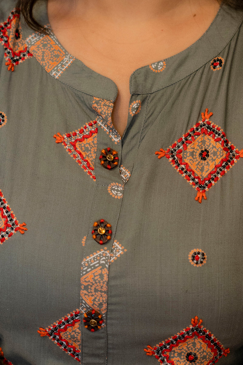 Grey Rayon Printed Anarkali Kurti (Plus Size)