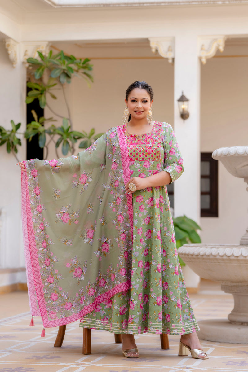 Elegant Mehndi Green Cotton Embroidered Anarkali With Dupatta Set (Plus Size)