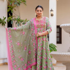 Elegant Mehndi Green Cotton Embroidered Anarkali With Dupatta Set (Plus Size)