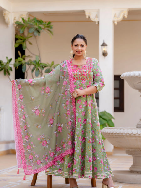 Elegant Mehndi Green Cotton Embroidered Anarkali With Dupatta Set (Plus Size)