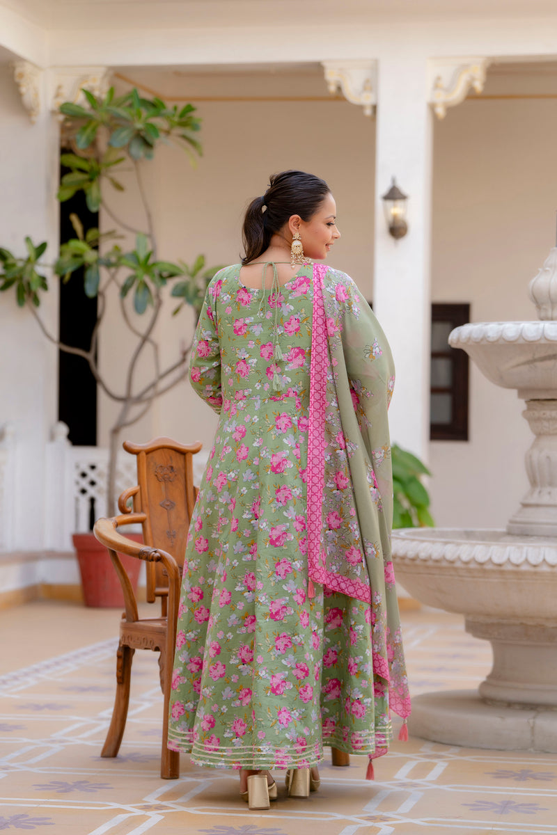 Elegant Mehndi Green Cotton Embroidered Anarkali With Dupatta Set (Plus Size)