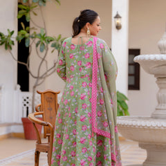 Elegant Mehndi Green Cotton Embroidered Anarkali With Dupatta Set (Plus Size)