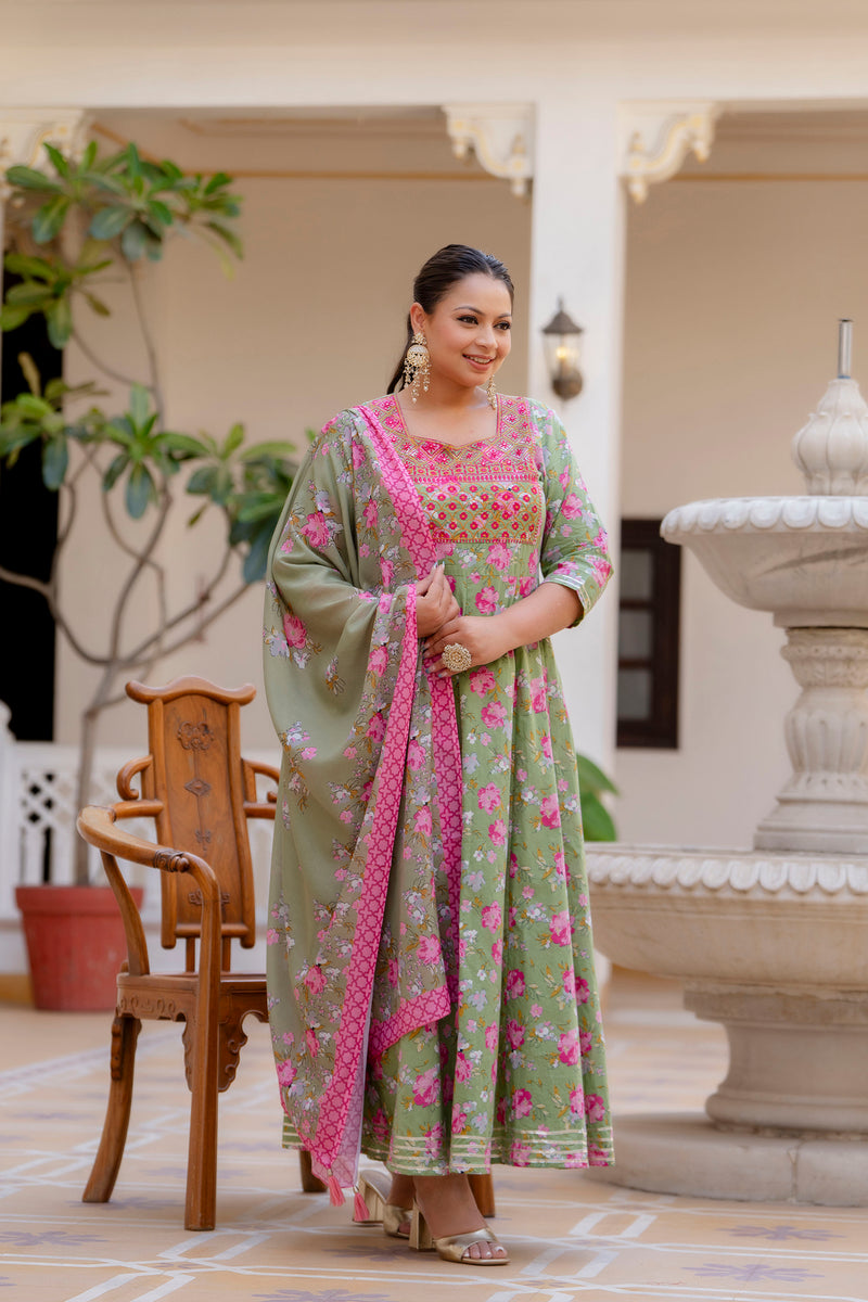 Elegant Mehndi Green Cotton Embroidered Anarkali With Dupatta Set (Plus Size)