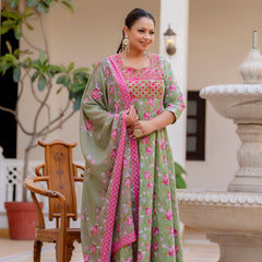 Elegant Mehndi Green Cotton Embroidered Anarkali With Dupatta Set (Plus Size)