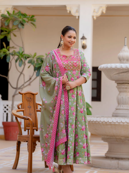 Elegant Mehndi Green Cotton Embroidered Anarkali With Dupatta Set (Plus Size)