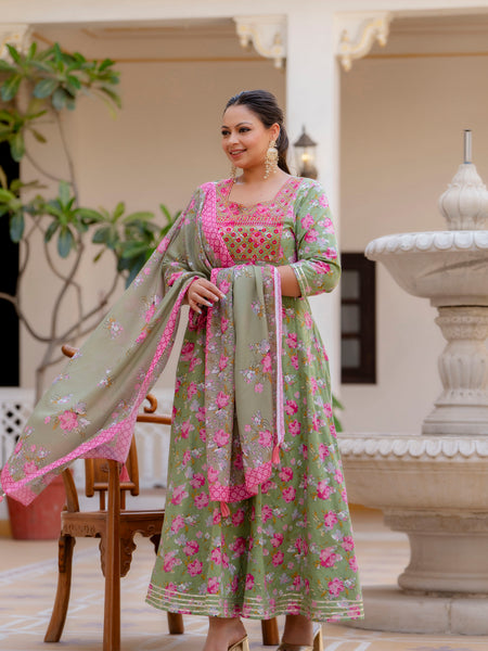 Elegant Mehndi Green Cotton Embroidered Anarkali With Dupatta Set (Plus Size)