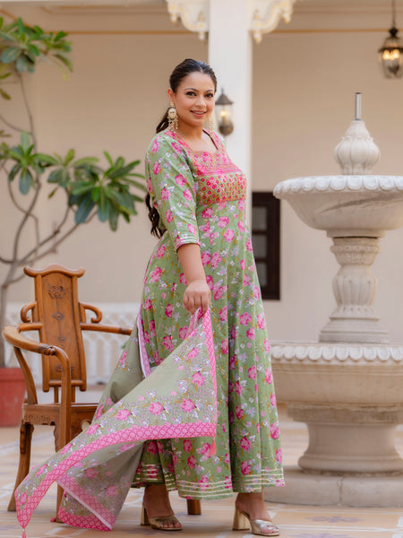Elegant Mehndi Green Cotton Embroidered Anarkali With Dupatta Set (Plus Size)
