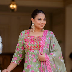 Elegant Mehndi Green Cotton Embroidered Anarkali With Dupatta Set (Plus Size)