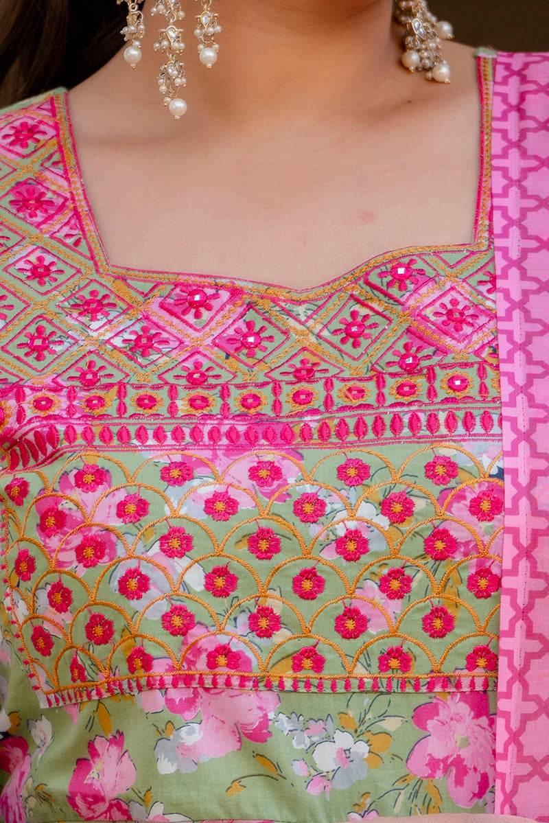 Elegant Mehndi Green Cotton Embroidered Anarkali With Dupatta Set (Plus Size)