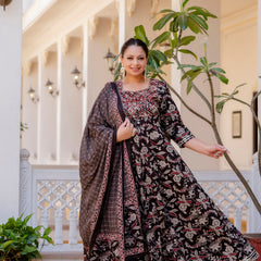 Elegant Black Cotton Embroidered Anarkali With Dupatta Set (Plus Size)