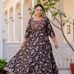 Elegant Black Cotton Embroidered Anarkali With Dupatta Set (Plus Size)