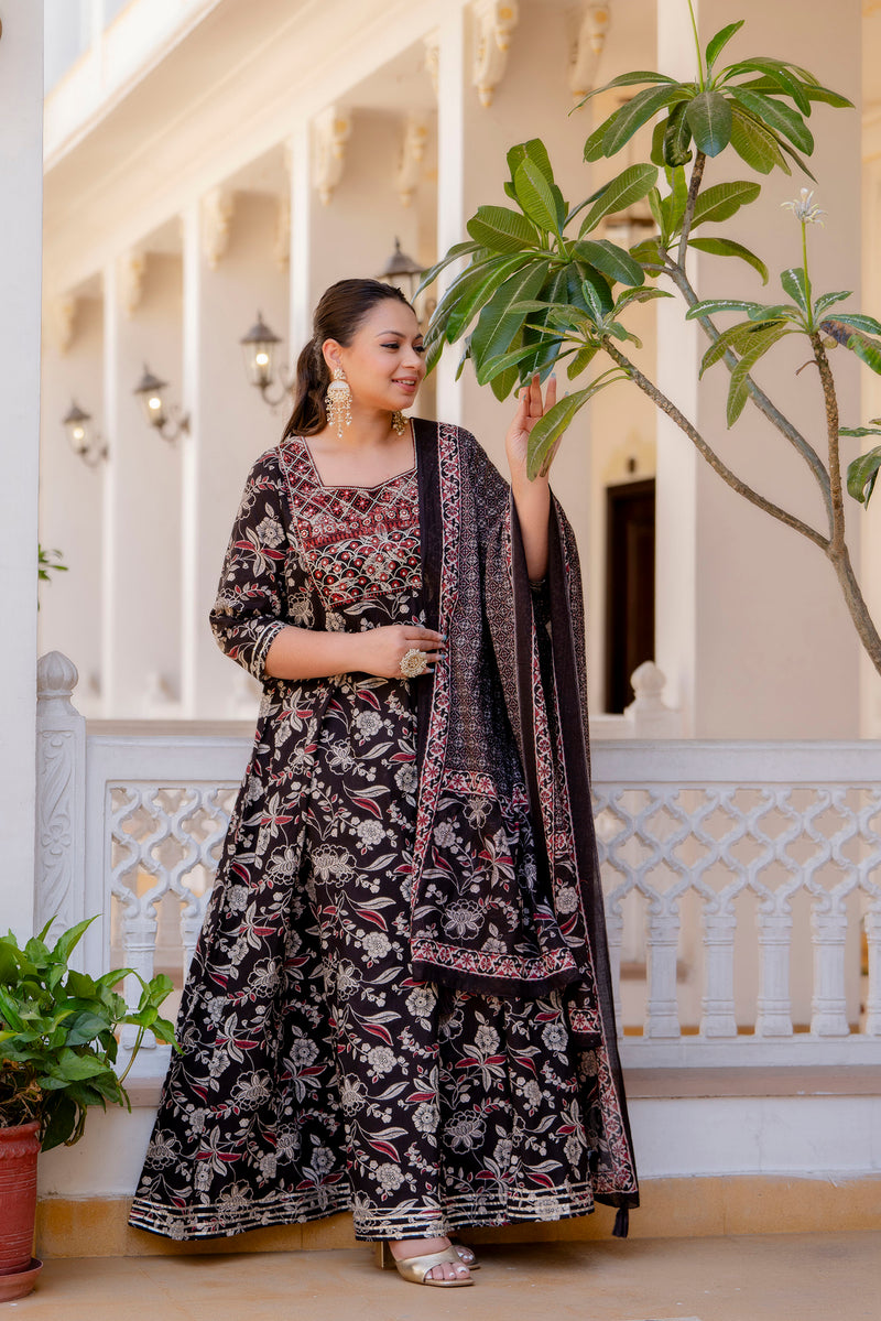 Elegant Black Cotton Embroidered Anarkali With Dupatta Set (Plus Size)