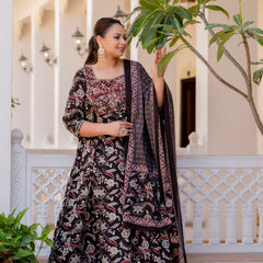 Elegant Black Cotton Embroidered Anarkali With Dupatta Set (Plus Size)